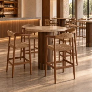 banco-cheberry-madera-pino-para-restaurantes-03 Banco Cheberry de madera de pino para barra de restaurantes o cafeterías. Respaldo y asiento tejido. Ideal para interiores.