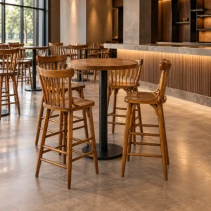 banco-malinche-madera-pino-para-restaurantes-03 Banco Malinche de madera de pino para barra de restaurantes o cafeterías. Asiento tipo tambor. Ideal para interiores.