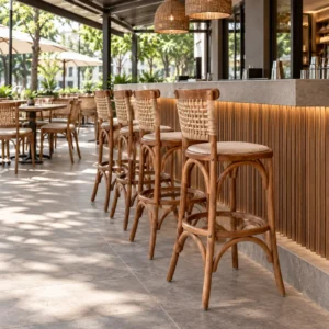 banco-tejeda-madera-pino-para-restaurantes-03 Banco Tejeda de madera de pino para barra de restaurantes o cafeterías. Respaldo tejido y asiento tapizado. Ideal para interiores.