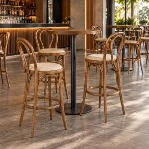 banco-thonet-madera-pino-para-restaurantes-03 Banco Thonet de madera de pino para barra de restaurantes o cafeterías. Asiento tapizado. Ideal para interiores.