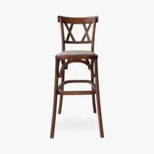 banco-twoback-madera-pino-para-restaurantes-01 Banco Twoback de madera de pino para barra de restaurantes o cafeterías. Respaldo doble X y asiento tapizado. Ideal para interiores.