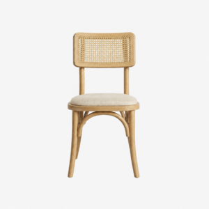 Silla Anya de madera de haya para restaurantes y cafeterías. Respaldo en bejuco sintético y asiento tapizado. Ideal para interiores.