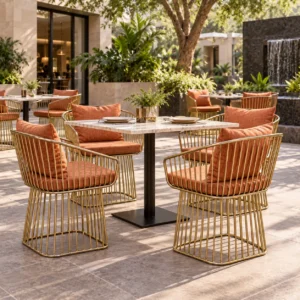 silla-camelia-metal-para-restaurantes-asiento-cojin-03 Silla Camelia de metal para restaurantes y cafeterías. Asiento con cojines de alto confort. Ideal para terrazas.