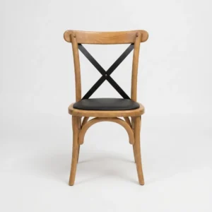 silla-crossback-cruceta-metalica-para-restaurantes-01 Silla Crossback de madera de pino para restaurantes y cafeterías. Respaldo cruceta en X de metal, asiento tapizado. Ideal para interiores y exteriores techados.