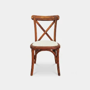 silla-crossback-madera-teca-asiento-tapizado-para-restaurantes-exteriores-01 Silla Crossback de madera de teca para restaurantes y cafeterías. Respaldo cruceta en X de madera, asiento tapizado. Ideal para exteriores.