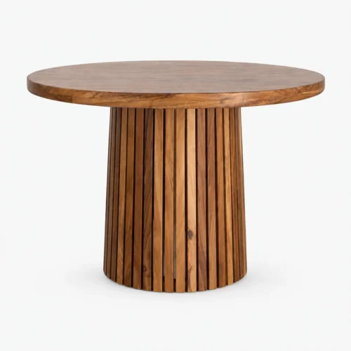mesa-redonda-pino-base-minimalista-para-restaurantes-01 Mesa Redonda de madera de pino con base minimalista estilo listones para restaurantes y cafeterías. Ideal para interiores.