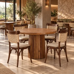 mesa-redonda-pino-base-minimalista-para-restaurantes-02 Mesa Redonda de madera de pino con base minimalista estilo listones para restaurantes y cafeterías. Ideal para interiores.