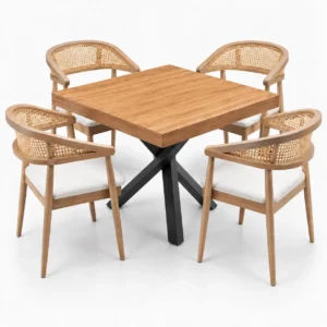 Paquete promocional para restaurantes y cafeterías: Sillas Lina + Mesas Cuadrada de Madera Base Antares.